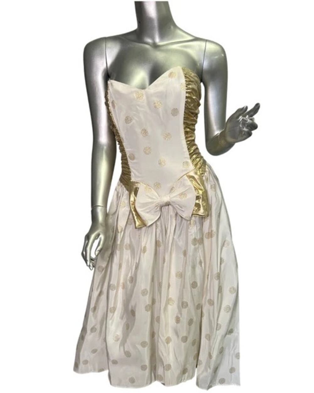 Vintage White and Metallic Gold Polka Dot Strapless Gunne Sax Dress Sz 11/12